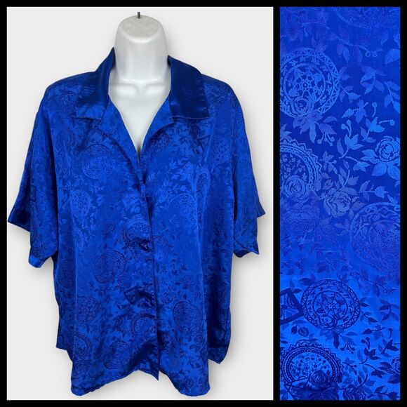 Vintage 90s Victoria's Secret Gold Label Blue Satin Floral Sleep Shirt Medium - Picture 1 of 8
